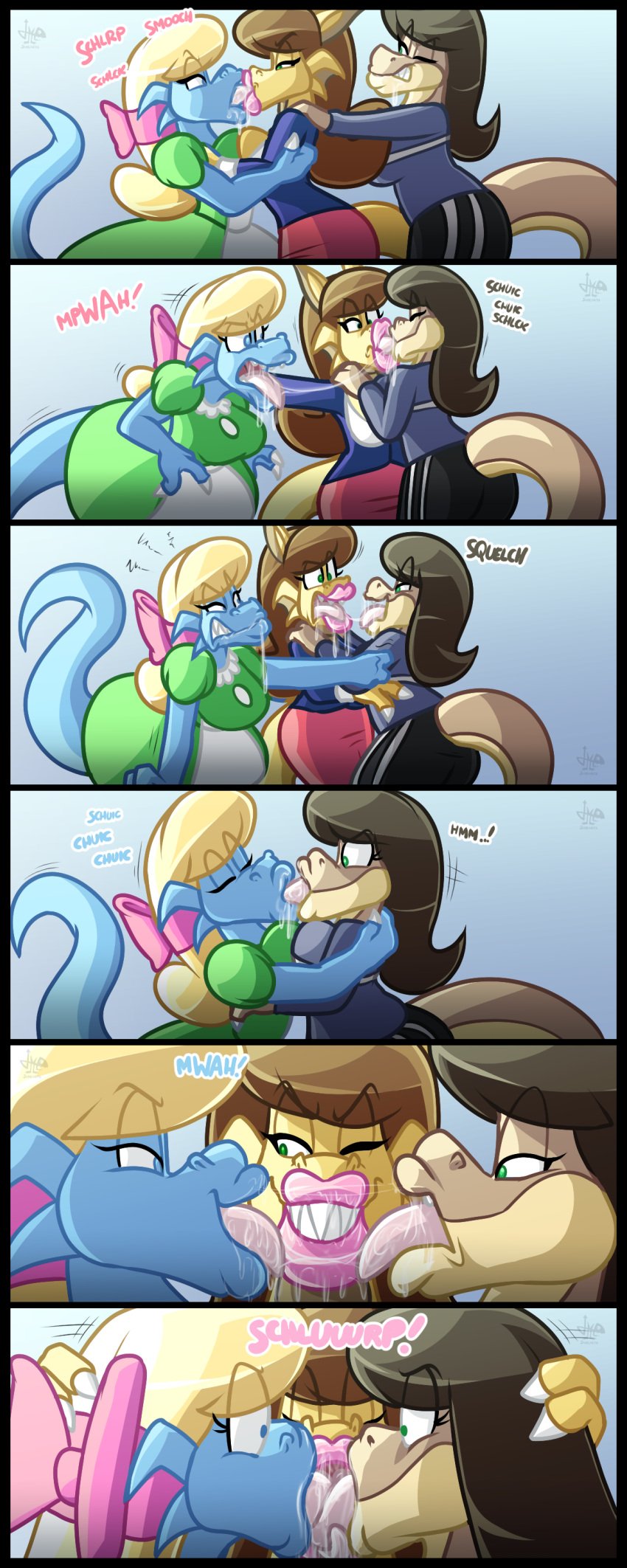 2d 2d_(artwork) 3girls alice_(jamearts) big_lips blonde_hair blue_body blue_eyes bowtie brown_hair comic diana_(jamearts) dinosaur dinosaur_girl dinosaur_tail dragon dragon_girl dragon_tail fighting french_kiss french_kissing green_eyes group_kissing hand_behind_head jamearts kissing kissing lesbian_kiss lips looking_at_each_other pink_bowtie pink_lips pointy_ears rebecca_(jamearts) saliva saliva_string saliva_trail scalie sharp_teeth skirt smile smiling tail threesome yellow_body yuri