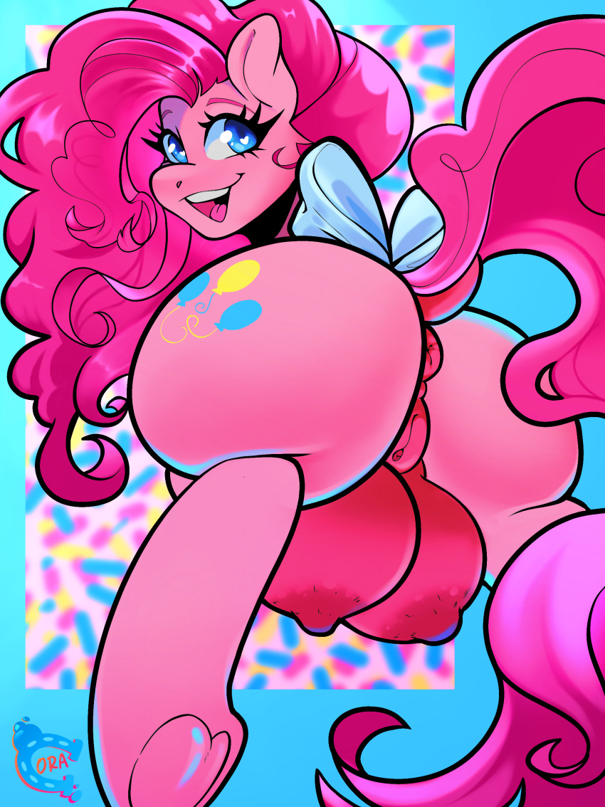 absurd_res anus areola ass big_butt big_crotchboobs crotchboobs crotchboobs_visible_through_thighs equid equine eyelashes female feral friendship_is_magic genitals hair hasbro hi_res hooves horse looking_at_viewer looking_back mammal my_little_pony nipples painted_cora pink_body pink_hair pinkie_pie_(mlp) pony pupils pussy smile solo