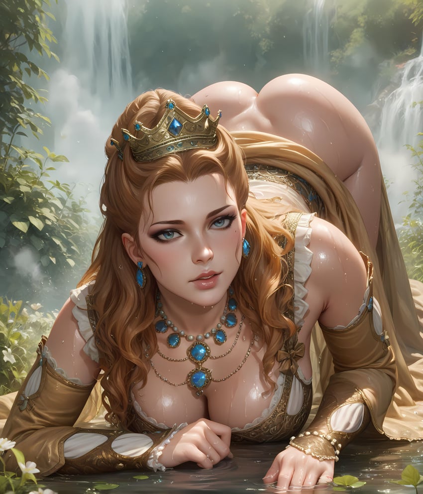 ai_generated anna_henrietta ass ass_up big_breasts blonde_hair breasts clothing crown eepol female light-skinned_female looking_at_viewer nude outdoors solo the_witcher_(series) the_witcher_3:_wild_hunt wet_body