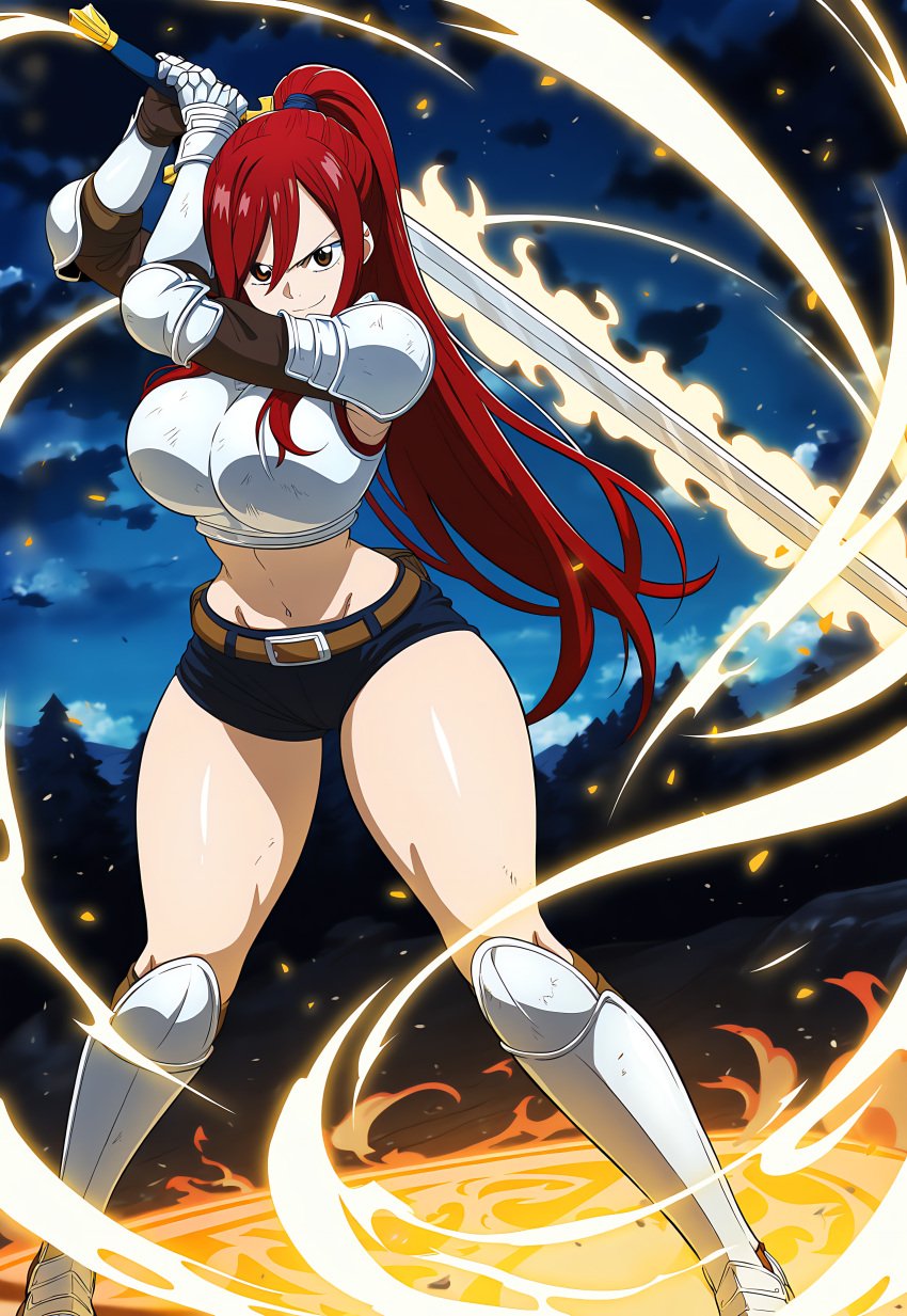 1girls ai_generated armor attack belt big_breasts breasts brown_eyes clothed clothed_female clothing curvy curvy_hips erza_scarlet fairy_tail female female_only front_view holding holding_object huge_breasts legs looking_at_viewer novelai outdoor outdoors outside ponytail red_hair smile solo solo_female standing sword thick_thighs thighs