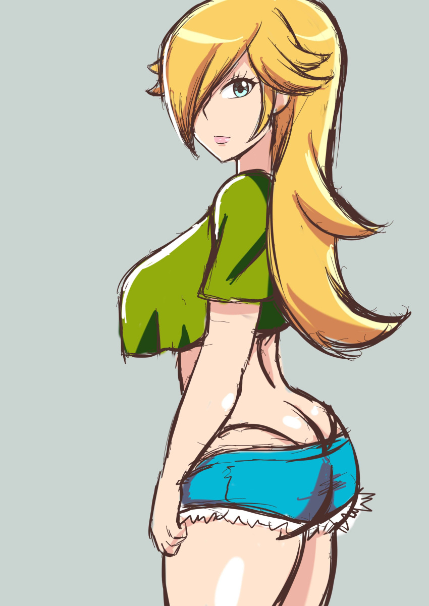 1girls artist_request ass big_breasts blonde_hair blue_hair breasts c-shape cosplay crop_top crossover female female_only grey_background hair_over_one_eye jean_shorts laura_matsuda_(cosplay) long_hair looking_at_viewer mario_(series) nintendo princess_rosalina shiny_skin shorts simple_background solo street_fighter