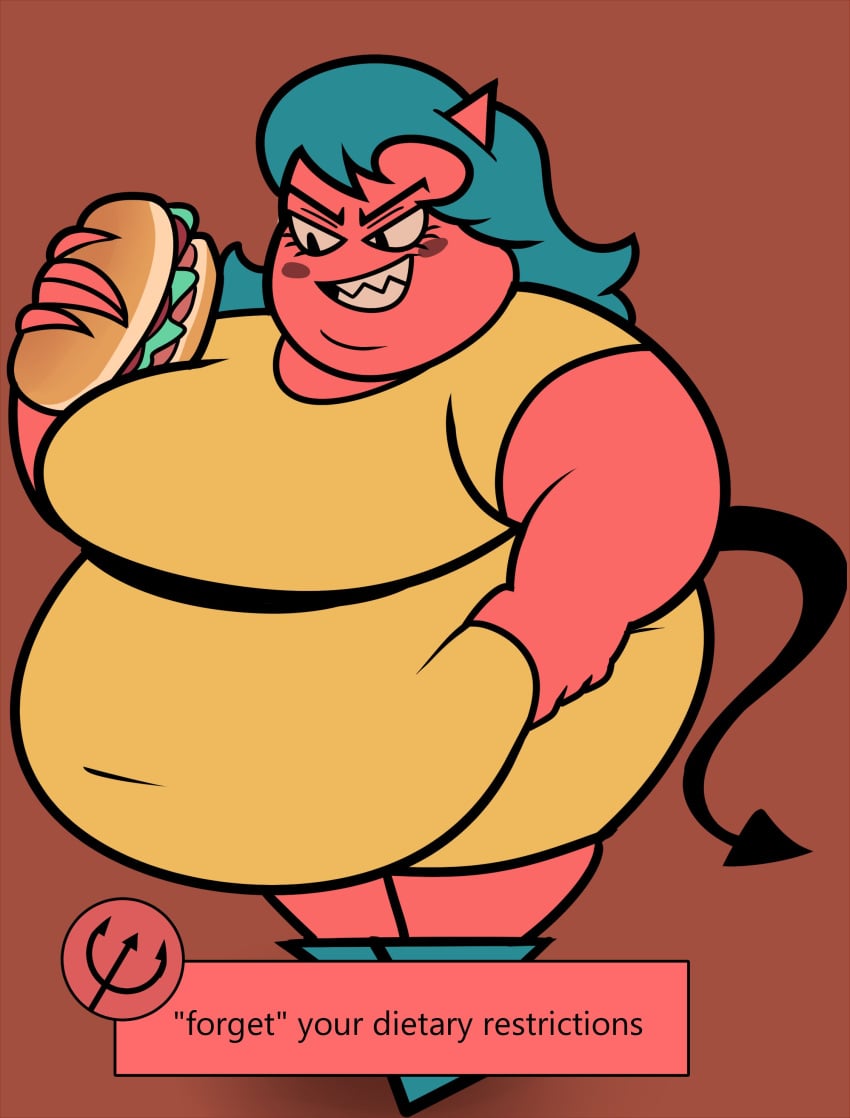 blue_hair demon devil devil_mom_(jackbox) eating fat_fetish jackbox_games obese