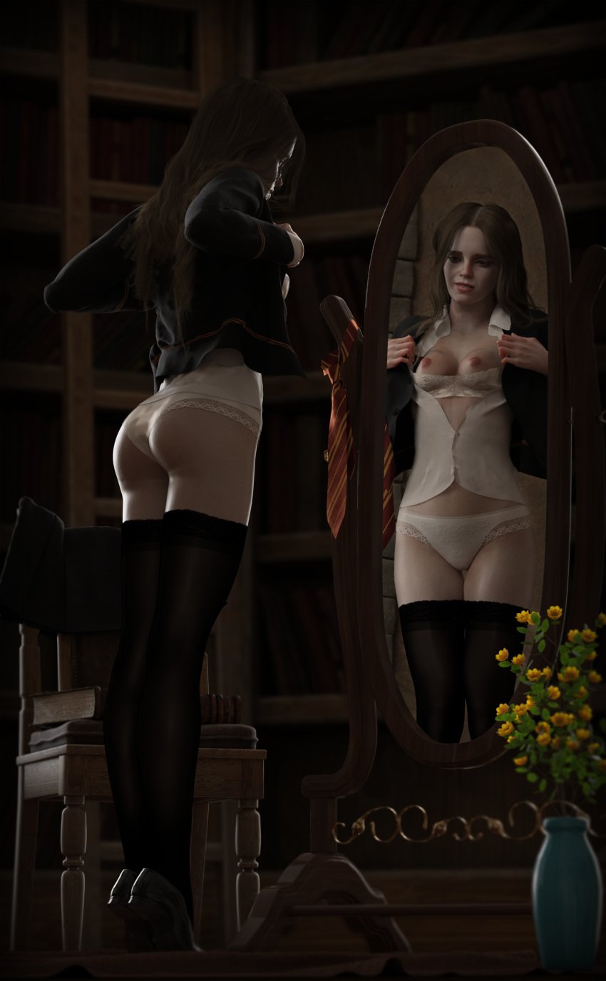 1girls 3d ass big_ass breasts brown_hair data_mining emma_watson female harry_potter hermione_granger mirror nipples panties