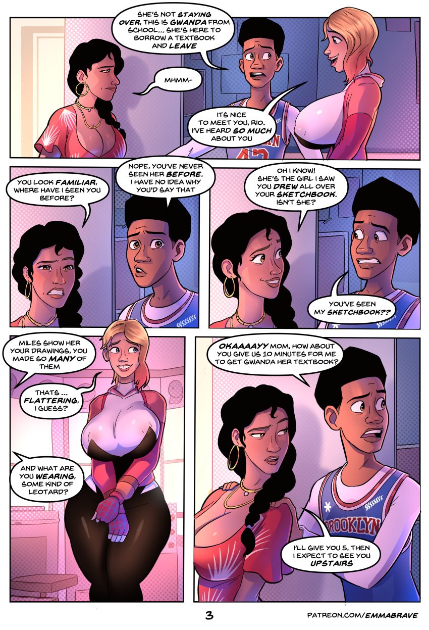 1boy 1girls 2d asymmetrical_hair athletic athletic_female big_ass big_breasts blonde_hair blush bodysuit breasts busty canon_couple canonical_scene chest cleavage comic comic_page couple curvaceous curvy curvy_figure cute cute_face dark-skinned_female dark-skinned_male dark_skin dialogue earrings embarrassed emmabrave english_text eyebrow_piercing eyebrows eyelashes eyes fat_ass_teen female female_focus fit fit_female full_color fully_clothed gwen_art_check gwen_stacy gwen_stacy_(spider-verse) hair hero heroine hi_res high_resolution highres hips hourglass_figure huge_breasts human introduction large_breasts legs light-skinned_female light_skin lips marvel marvel_comics miles_morales nipple_bulge no_penetration page_3 page_number parent pawg rio_morales romantic_couple shaved_side slim slim_waist spider-gwen spider-man spider-man:_across_the_spider-verse spider-man_(series) superhero superhero_costume superheroine text thick thick_legs thick_thighs thighs tooth_gap upper_body voluptuous voluptuous_teen waist wide_hips