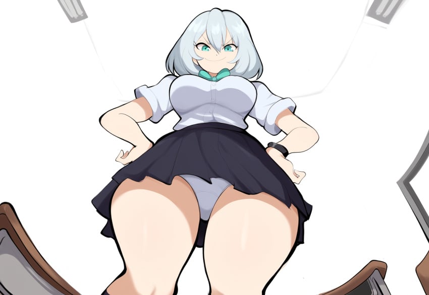 ai_generated curvy from_below hourglass_figure large_breasts low-angle_view mullon novelai panties school_uniform schoolgirl solo tejina_senpai tejina_senpai_(character) thick_thighs white_hair