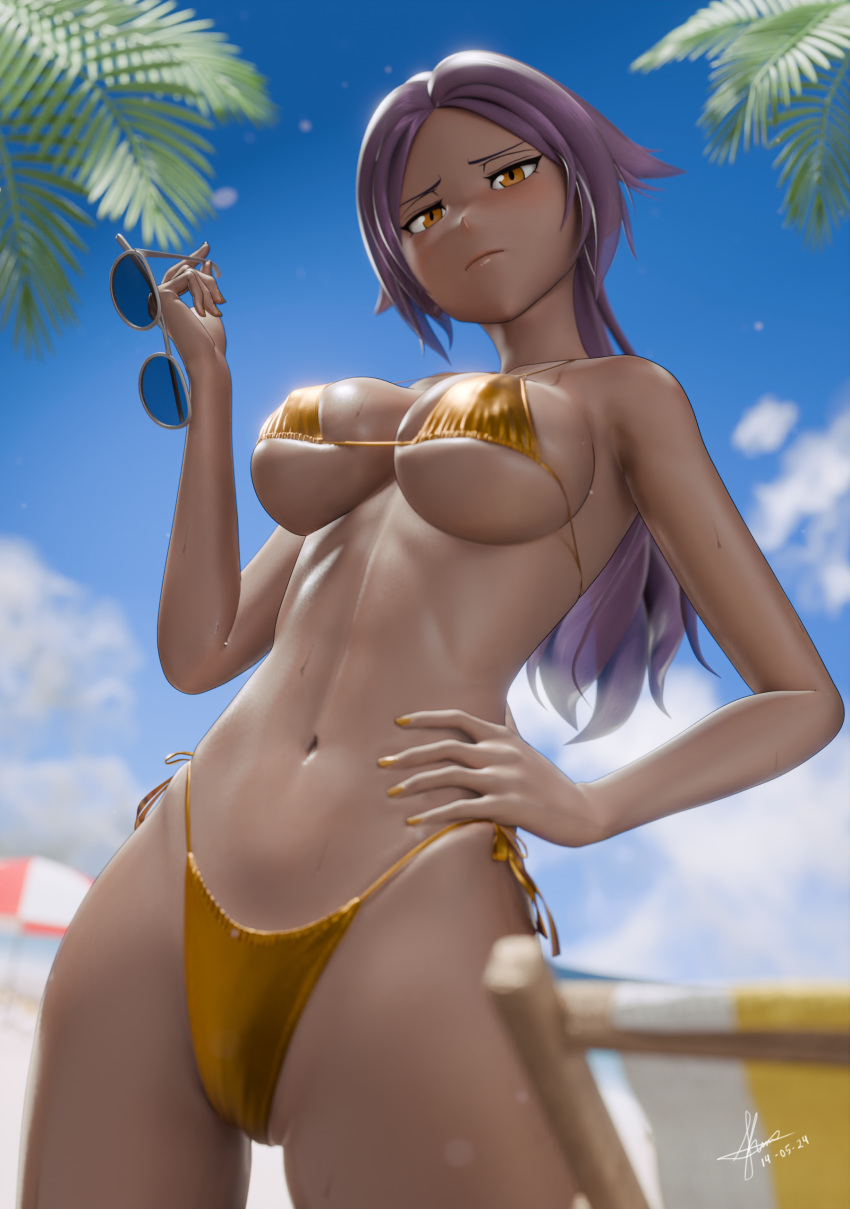 1girls 3d beach big_breasts bikini bikini_bottom bikini_top bleach bottomwear breasts cleavage female female_only hair hand_on_hip hips kleymir nail_polish nails ponytail purple_hair shihouin_yoruichi solo solo_female sunglasses sweat sweatdrop swimwear topwear yellow_bikini yellow_eyes yellow_nail_polish yellow_nails