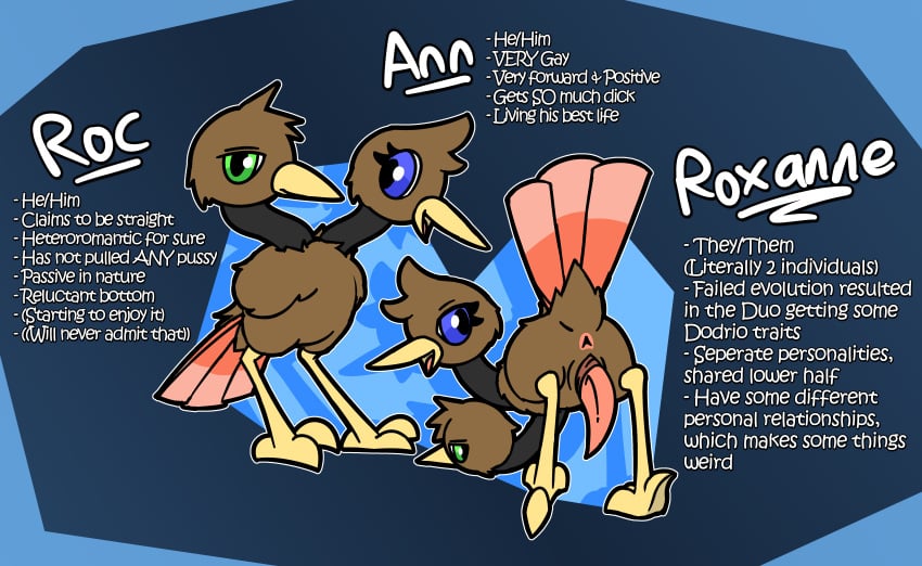 2_heads absurd_res anus ass avian beak doduo duo english_text feathers feet feral generation_1_pokemon genitals hi_res hydra_problems male model_sheet multi_head nintendo otterjunk penis pokemon pokemon_(species) presenting presenting_anus presenting_hindquarters roxanne_(otterjunk) solo stated_heterosexuality stated_homosexuality stated_sexuality tagme tail tail_feathers talons tapering_penis text toes