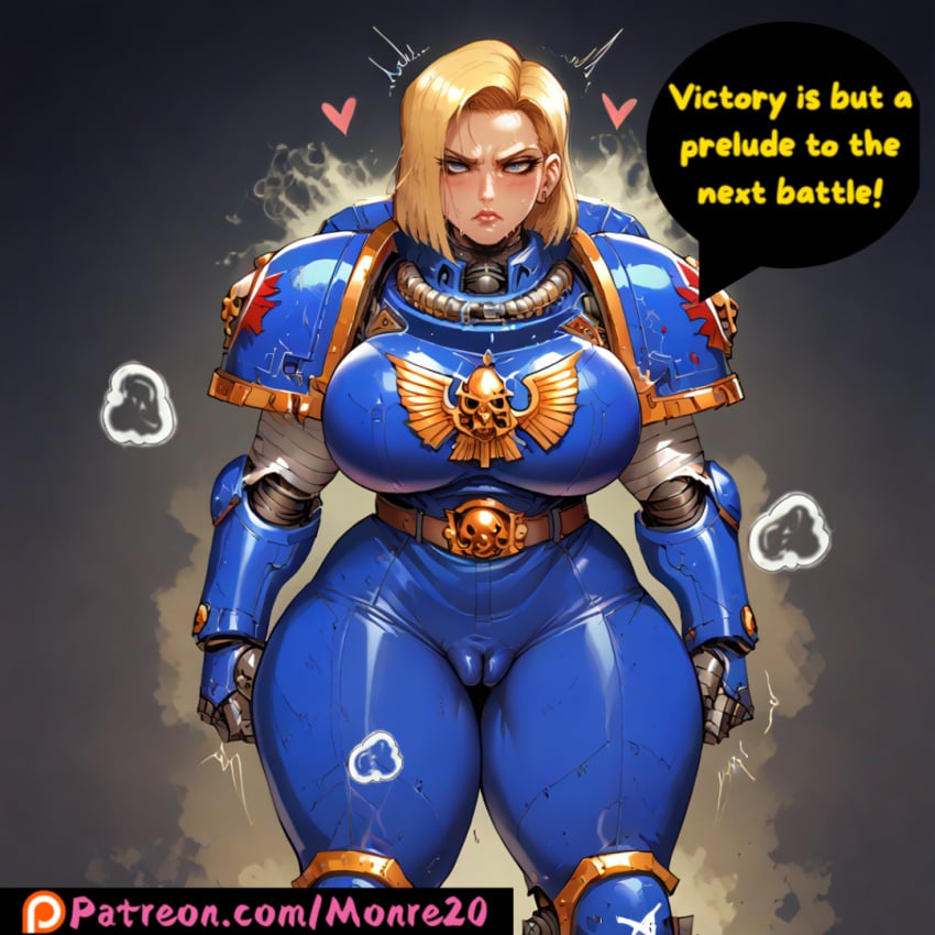 1female 1girls adeptus_astartes ai_assisted ai_generated android_18 big_breasts blonde_hair breasts cameltoe collaboration crossover dialogue dragon_ball dragon_ball_super dragon_ball_z english_text female female_space_marine huge_breasts imperium_of_man in_heat light-skinned_female light_skin looking_at_viewer monre20 pale-skinned_female pale_skin patreon patreon_username pussy rule_63 space_marine speech_bubble text thick_thighs twitter twitter_username ultramarines vagina warhammer_(franchise) warhammer_40k white_skin