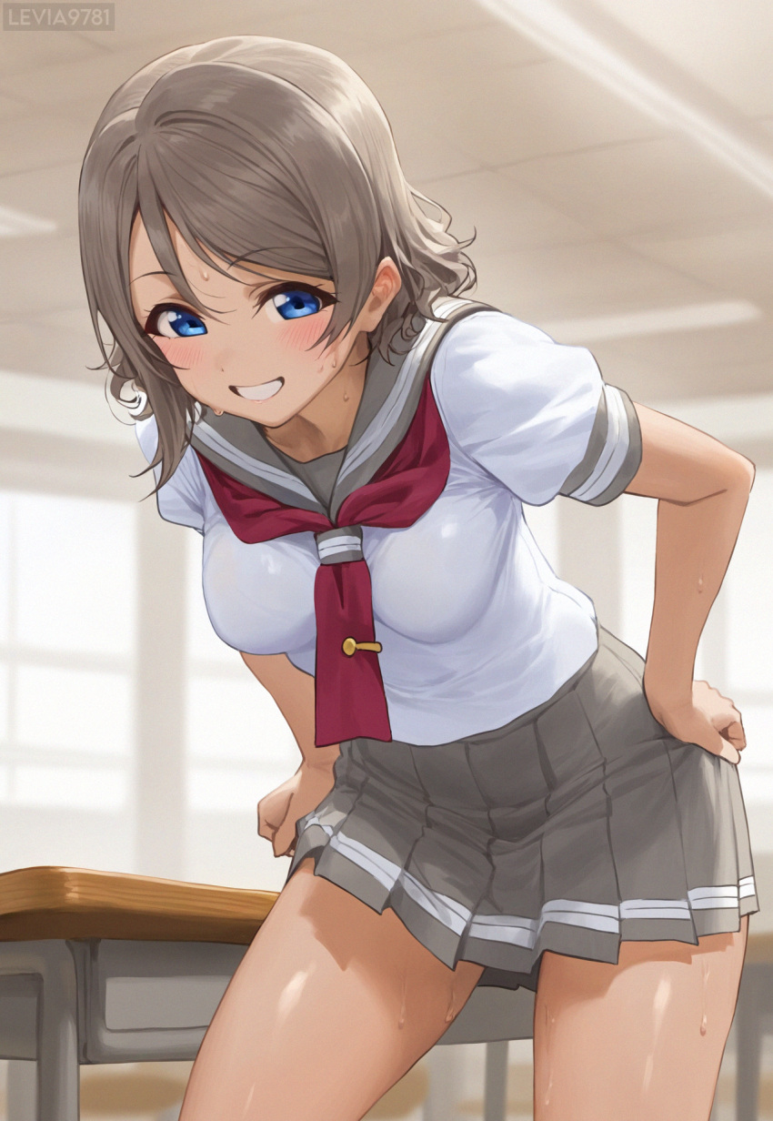 1girls ai_generated blue_eyes brown_hair female levia9781 love_live! love_live!_sunshine!! school_uniform serafuku short_hair skirt thighs upskirt watanabe_you