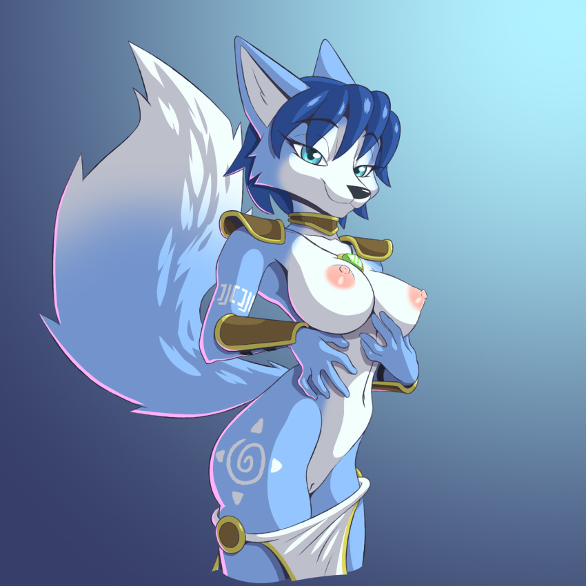 1:1 anthro blue_body blue_fur blue_hair breasts canid canine clothing female fox fur genitals hair hi_res krystal mammal nintendo nipples pussy skeleito solo star_fox video_games white_body white_fur