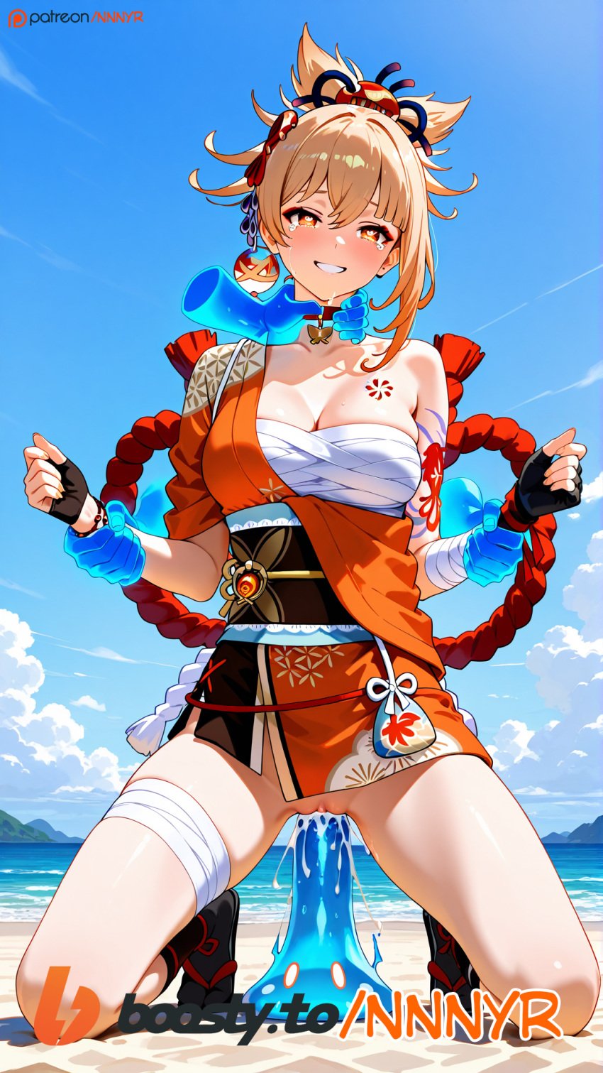 1girls ai_generated arm_grab beach blonde_hair choker choking crying cum_in_pussy cum_inside fingerless_gloves from_behind genshin_impact hand_grab hands_grab kimono kneeling looking_at_viewer magic magic_hands nnnyr ocean orange_eyes orange_kimono pleasure_face ponytail short_hair slime slime_(genshin_impact) smile stable_diffusion stockings thicc_thighs thick_thighs vaginal_penetration visible_pussy yellow_eyes yoimiya_(genshin_impact)