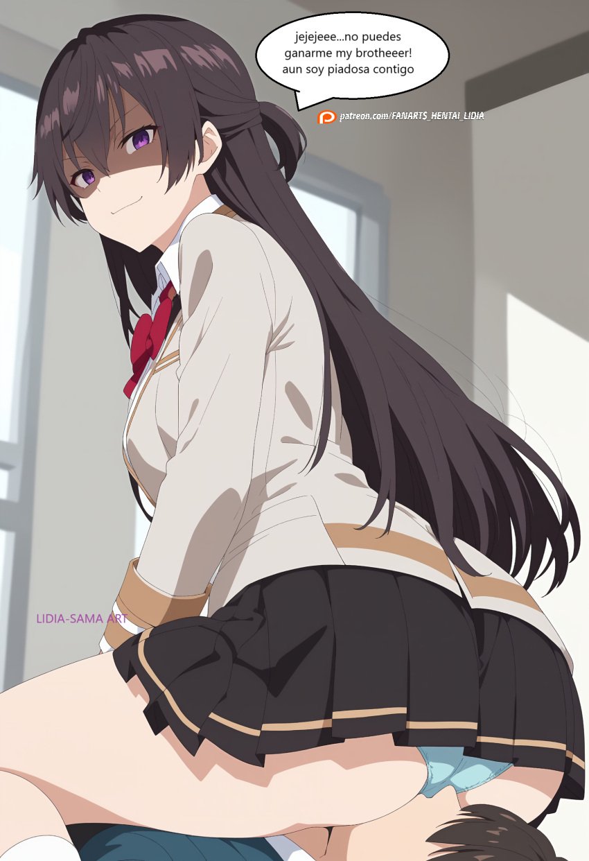 1boy absurdres ass blue_panties brother_and_sister brown_hair classroom cunnilingus cunnilingus_through_clothes evil_smile female highres incest indoors kuze_masachika lidia-sama long_hair looking_down non-web_source oral panties patreon_username purple_eyes school_uniform shaded_face short_hair siblings signature sitting sitting_on_face smile spanish_dialogue spanish_text suou_yuki thighs tokidoki_bosotto_russian_de_dereru_tonari_no_alya-san underwear