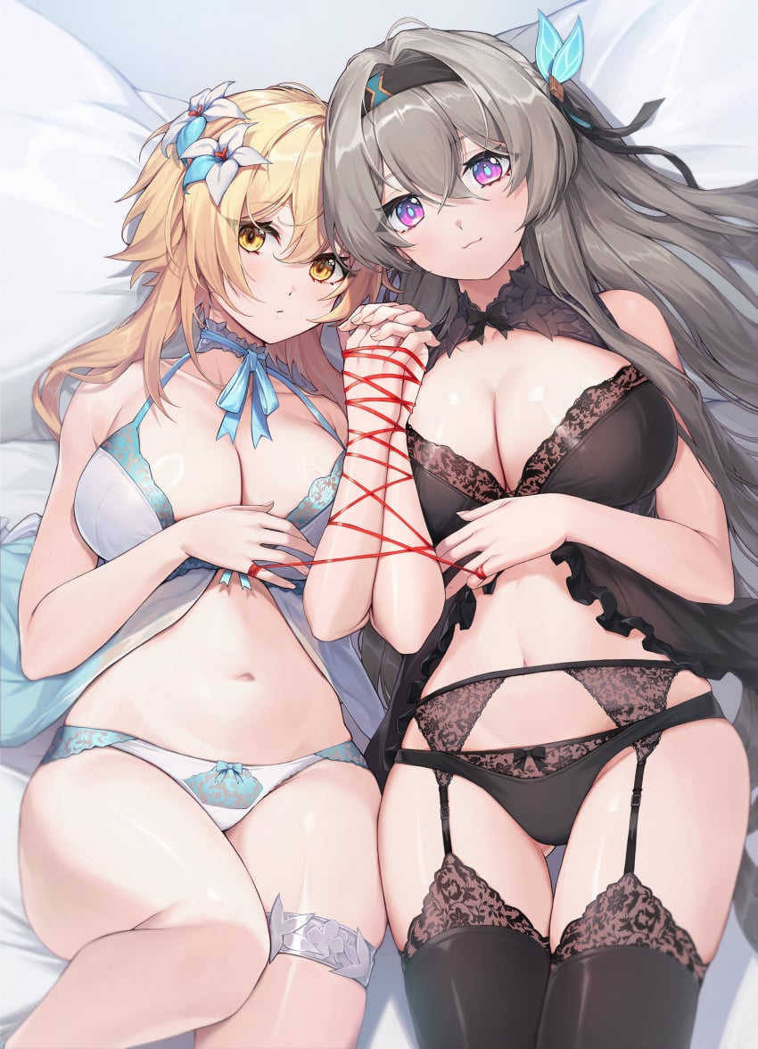 2girls absurdres babydoll black_babydoll black_garter_belt black_panties black_thighhighs blonde_hair bow bow_panties breasts cleavage firefly_(honkai:_star_rail) flower garter_belt garter_straps genshin_impact grey_hair highres holding_hands honkai:_star_rail honkai_(series) lace lace-trimmed_babydoll lace-trimmed_thighhighs lace_trim large_breasts lingerie looking_at_viewer lumine_(genshin_impact) lying multiple_girls on_back panties purple_eyes red_ribbon ribbon sunnillust thigh_strap thighhighs underwear white_babydoll white_flower white_panties yellow_eyes yuri