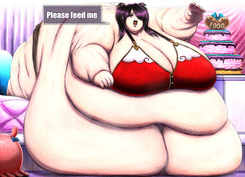 1girls ame-chan bed bedroom big_breasts bra cake cleavage feederism feeding huge_belly huge_breasts immobile needy_girl_overdose obese obese_female overweight overweight_female panties plushie thick_thighs