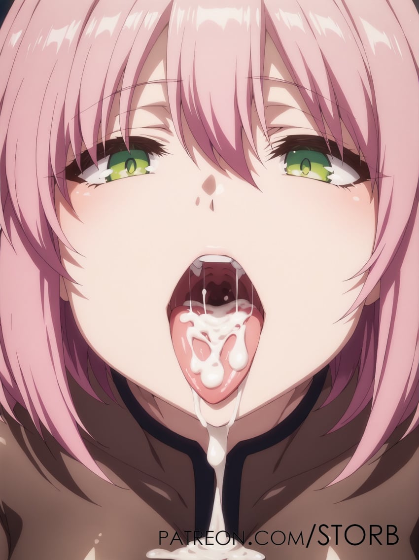 after_blowjob ai_generated cum_in_mouth cum_on_tongue female female_focus female_only green_eyes kaifuku_jutsushi_no_yarinaoshi looking_at_viewer mouth_full_of_cum norn_clatalissa_jioral open_mouth pink_hair pixiv redo_of_healer stelline_orb