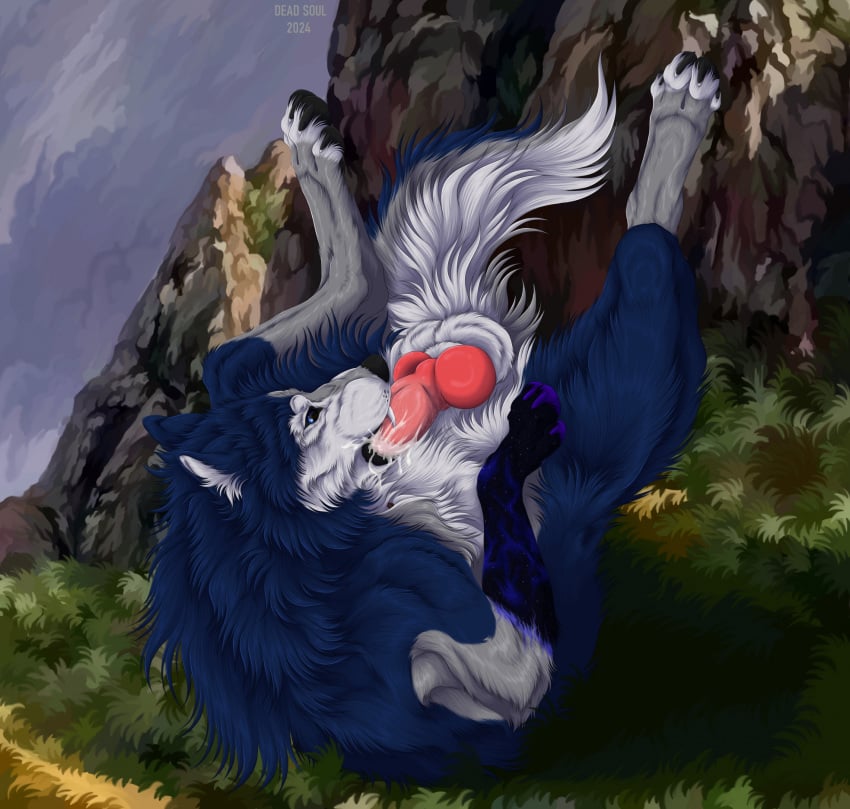 anatomically_correct anatomically_correct_genitalia anatomically_correct_penis animal_genitalia animal_penis autofellatio balls black_nose blue_body blue_eyes blue_fur bodily_fluids canid canine canine_genitalia canine_penis canis claws cum cum_in_mouth cum_in_own_mouth cum_in_self cum_inside cum_on_face cum_on_own_face cum_on_penis cum_on_self detailed_background digital_media_(artwork) ejaculation erection feral fluffy fluffy_tail fur genital_fluids genitals grass hi_res knot lying male mammal masturbation mountain msdeadsoul on_back oral oral_masturbation oral_penetration outside paws penetration penile penile_masturbation penis pink_penis plant rock solo tail white_body white_fur wolf