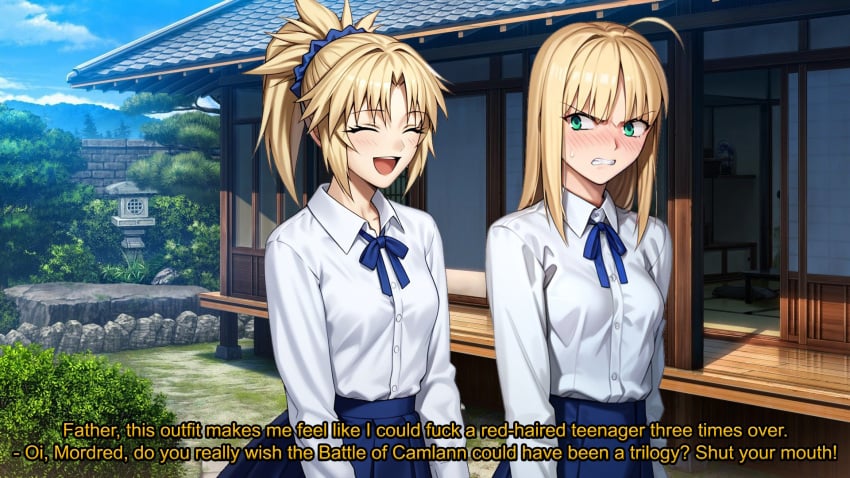 2girls ai_generated artoria_pendragon blonde_hair dialogue embarrassed english_text fate/apocrypha fate/stay_night fate_(series) father_and_daughter female female_only mordred_(fate) mother_and_daughter multiple_girls pissed_off saber smile smiling text white_skin wholesome