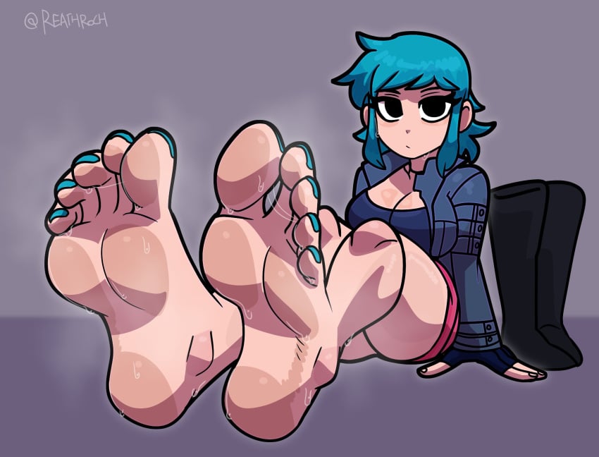 1girls 2d blue_hair_female blue_toenails boots_removed feet female female_only ramona_flowers reathroch scott_pilgrim scott_pilgrim_takes_off soles soles_fetish solo solo_female steamy_feet sweat white_skinned_female