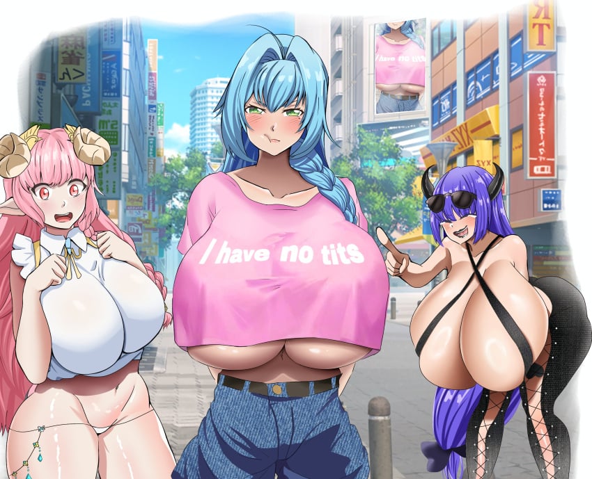 3girls belly_button blue_hair blush breasts city clothed clothing cow_girl cow_horns drawau female female_only funny gigantic_breasts green_eyes horns huge_breasts humor ilyana_(boobydoody64) ironic kiara_(boobydoody64) laugh light-skinned_female light_skin mocking moona-lissa_(boobydoody64) open_mouth original outdoors pink_hair pointing pointing_at_another pout sheep_girl sheep_horns streetwear sunglasses sunglasses_on_head underboob