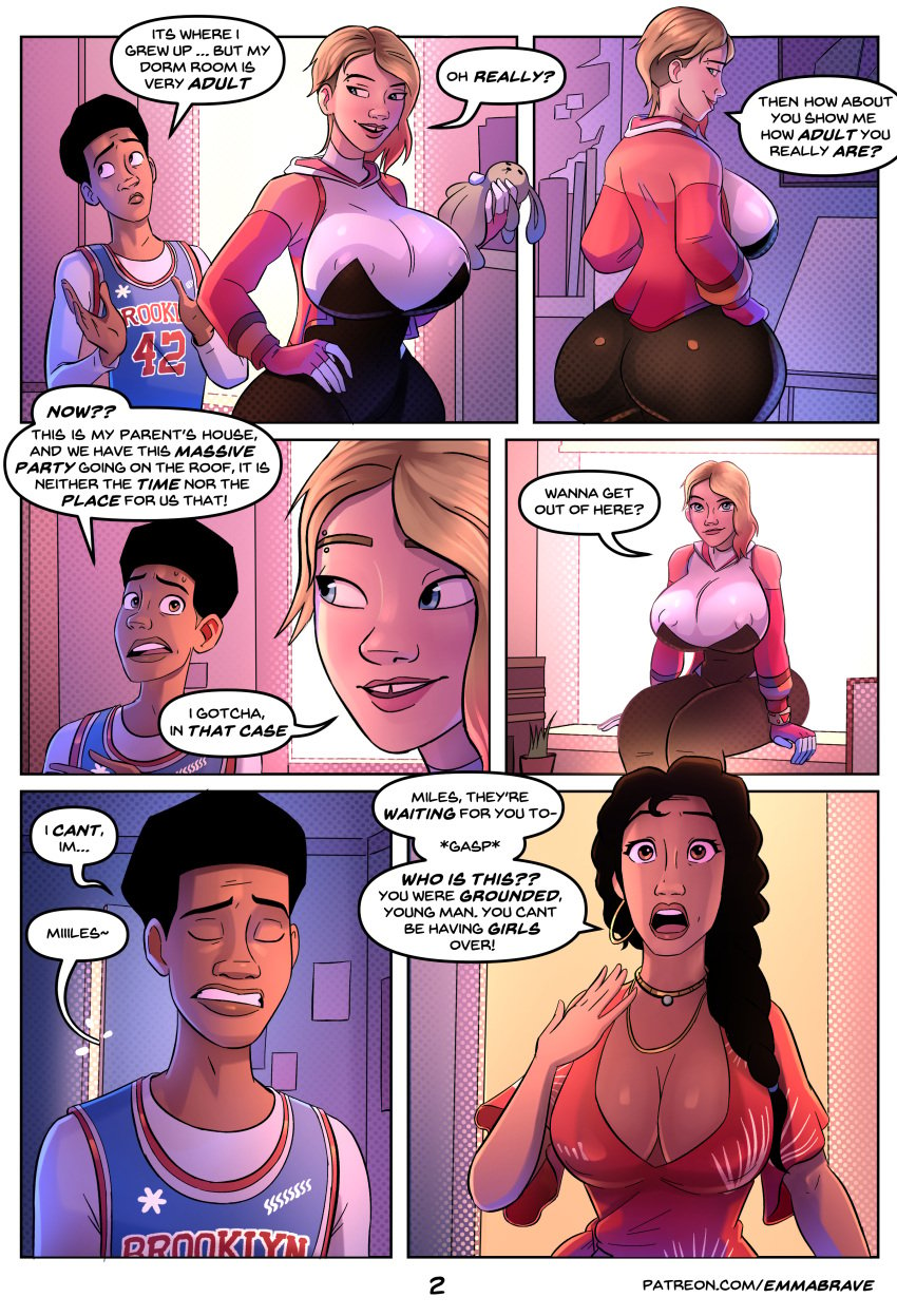 1boy 1girls asymmetrical_hair athletic athletic_female big_ass big_breasts big_butt blonde_hair bodysuit breasts busty canon_couple canonical_scene caught chest comic comic_page couple curvaceous curvy curvy_figure cute cute_face dark-skinned_female dark-skinned_male dark_skin dialogue earring emmabrave english_text eyebrow_piercing eyebrows eyelashes eyes fat_ass_teen female female_focus fit fit_female full_color fully_clothed gwen_stacy gwen_stacy_(spider-verse) hair hero heroine hi_res high_resolution highres hips hourglass_figure huge_breasts huge_butt human large_breasts large_butt legs light-skinned_female light_skin lips marvel marvel_comics miles_morales nipple_bulge no_penetration page_2 page_number pawg rio_morales romantic_couple shaved_side slim slim_waist spider-gwen spider-man spider-man:_across_the_spider-verse spider-man_(series) superhero superhero_costume superheroine text thick thick_legs thick_thighs thighs tooth_gap upper_body voluptuous voluptuous_female waist wide_hips