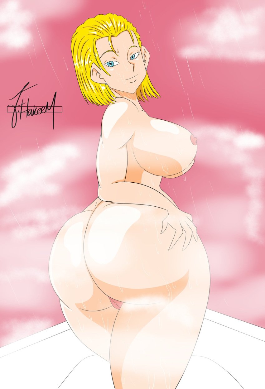 1girl android android_18 artist_name artist_signature ass ass_focus bangs big_ass big_ass_(female) blonde_female blonde_hair blonde_hair_female blue_eyes blue_eyes_female dat_ass dragon_ball dragon_ball_super dragon_ball_z earring earrings fat_ass female hakeem89 hips hot_shower looking_back medium_hair milf mother naked naked_female nipple nipples nude nude_female pink_background shower shower_room showering smile steam steaming thick thick_ass thick_butt thick_hips thick_legs thick_thighs voluptuous voluptuous_female