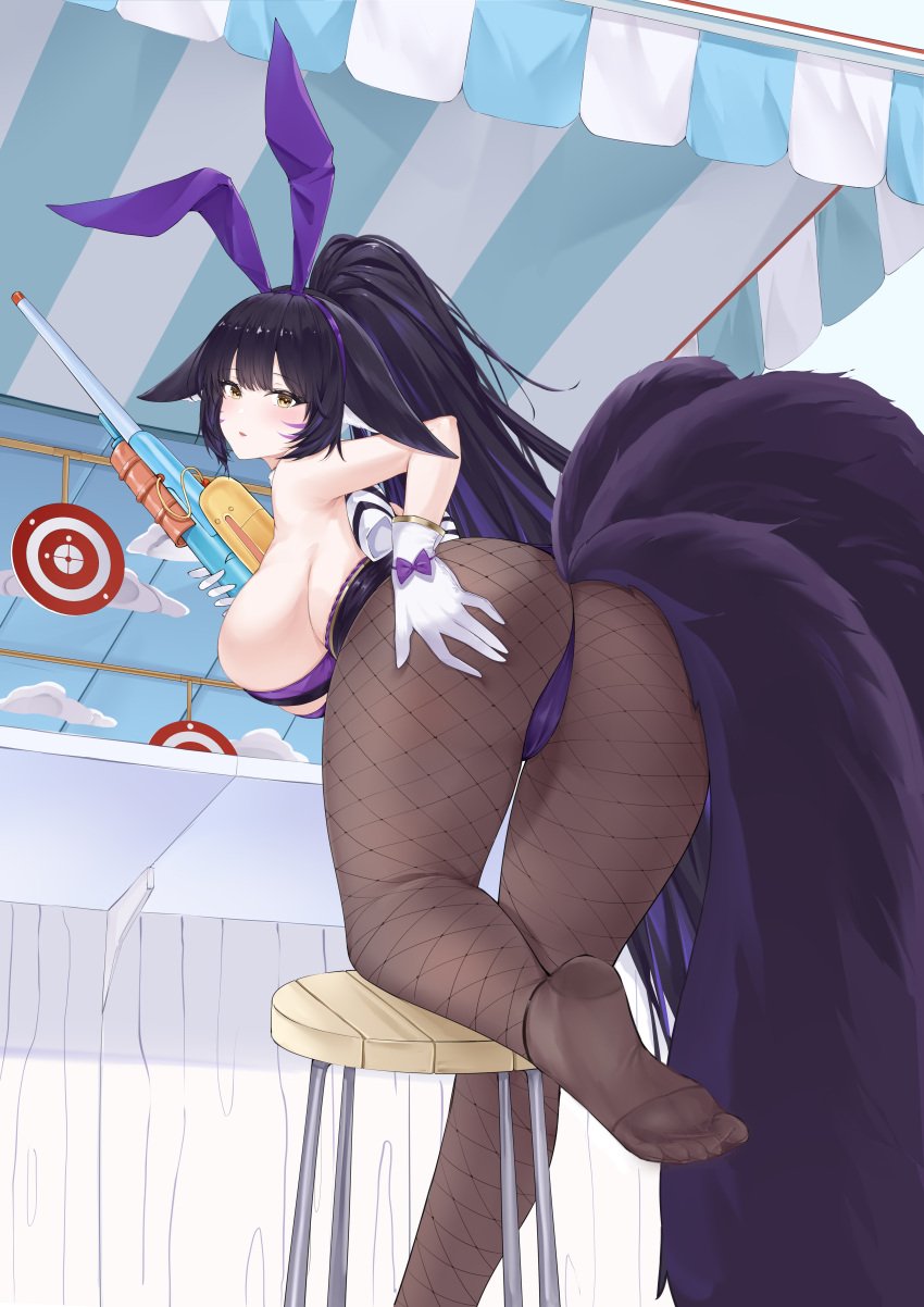 1girls absurdres animal_ears ass azur_lane black_hair black_pantyhose blush breasts facial_mark fake_animal_ears female fishnet_pantyhose fishnets floppy_ears fox_ears fox_girl fox_tail from_behind gloves hand_on_own_ass highres holding_toy_gun huge_ass huge_breasts kitsune kyuubi leotard long_hair looking_at_viewer looking_back multiple_tails musashi_(azur_lane) musashi_(the_purple_rabbit's_marksmanship)_(azur_lane) official_alternate_costume official_alternate_hairstyle pantyhose playboy_bunny purple_leotard rabbit_ears shooting_gallery sideboob soles solo strapless strapless_leotard tail toy_gun very_long_hair white_gloves yellow_eyes