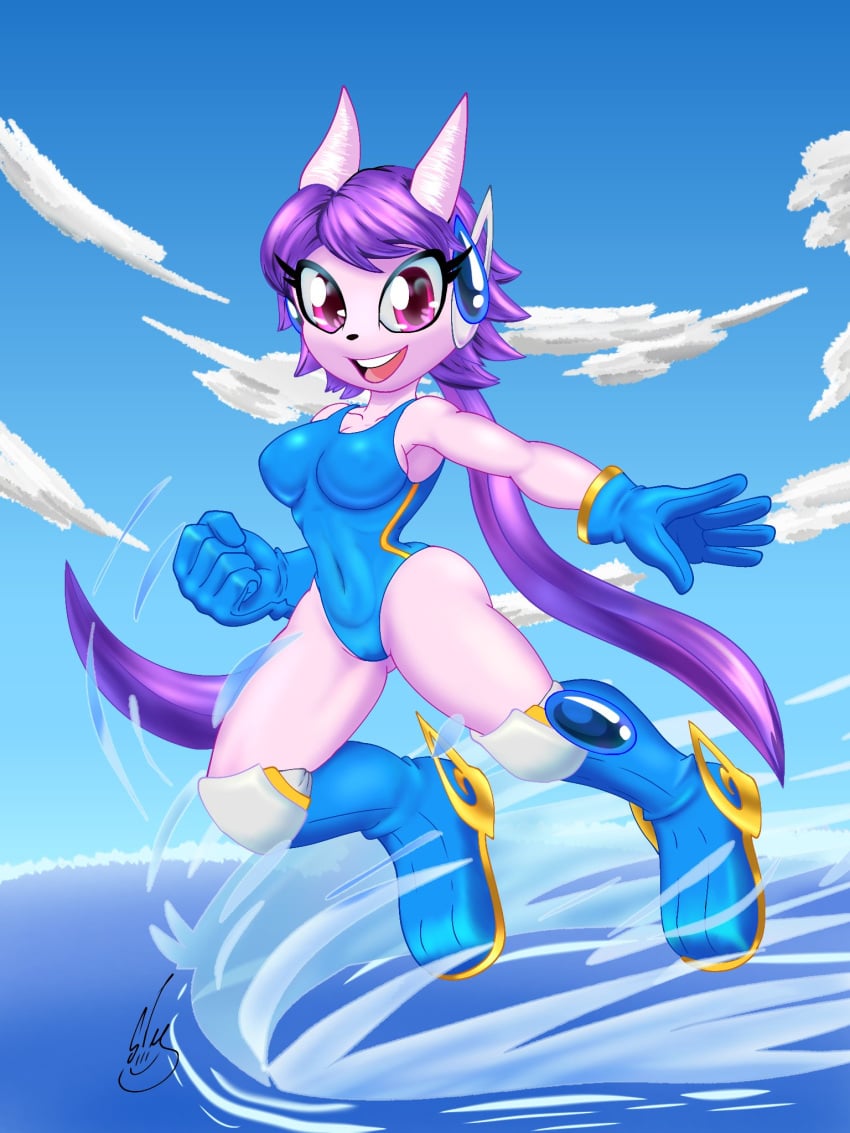 aquatic_dragon barely_sly bathing_suit belly_visible_through_clothing boots clouds dragon freedom_planet freedom_planet_2 gloves hearing_aid horns pink_eyes ponytail purple_hair purple_skin running sash_lilac sky water water_dragon