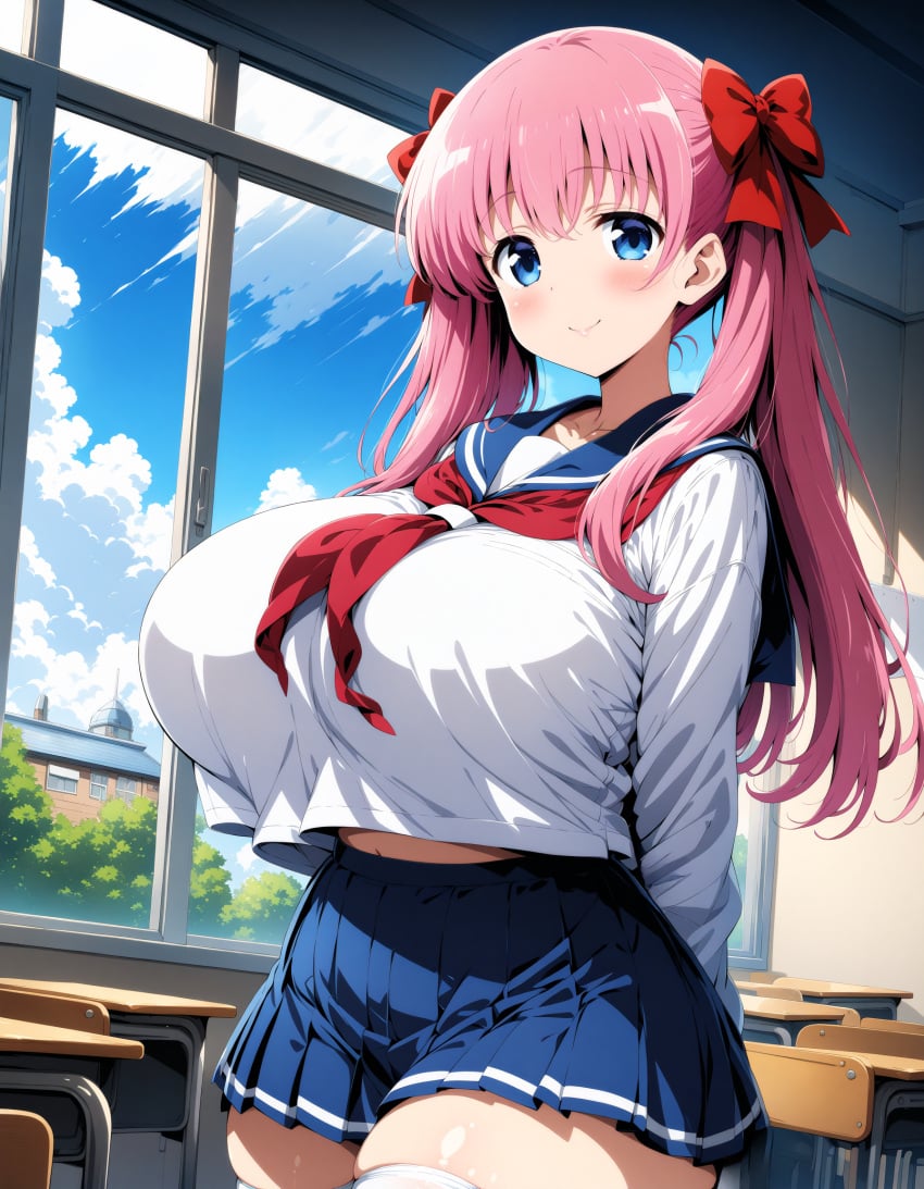 1girls ai_generated bangs blue_eyes blue_skirt breasts hair_between_eyes hair_ornament hair_ribbon haramura_nodoka hi_res huge_breasts large_breasts long_hair long_sleeves panties pink_hair pleated_skirt red_ribbon ribbon saki school_uniform schoolgirl shirataki_ni skirt stable_diffusion standing white_shirt