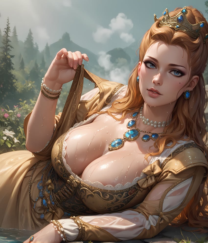 ai_generated anna_henrietta big_breasts blonde_hair breasts clothing crown dress eepol female light-skinned_female looking_at_viewer outdoors queen royalty solo the_witcher_(series) the_witcher_3:_wild_hunt wet_body