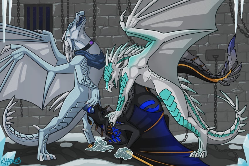 dragon dungeon fellatio feral genitals group group_sex hi_res icewing_(wof) khaden3 male male/male mythological_creature mythological_scalie mythology oral penile penis scalie seawing_(wof) sex spitroast threesome trio wings_of_fire