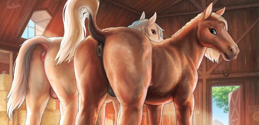 absurd_res anus ass balls barn blue_eyes brown_body detailed detailed_background digital_media_(artwork) digital_painting_(artwork) duo equid equine equine_anus feral genitals hair hay hi_res horse inside inviting light looking_at_viewer looking_back male mammal mane plant presenting presenting_anus presenting_hindquarters puffy_anus raised_tail rear_view seductive shaded signature smile standing summer sunlight tail tailbyte tree wall_(structure) wood wood_wall