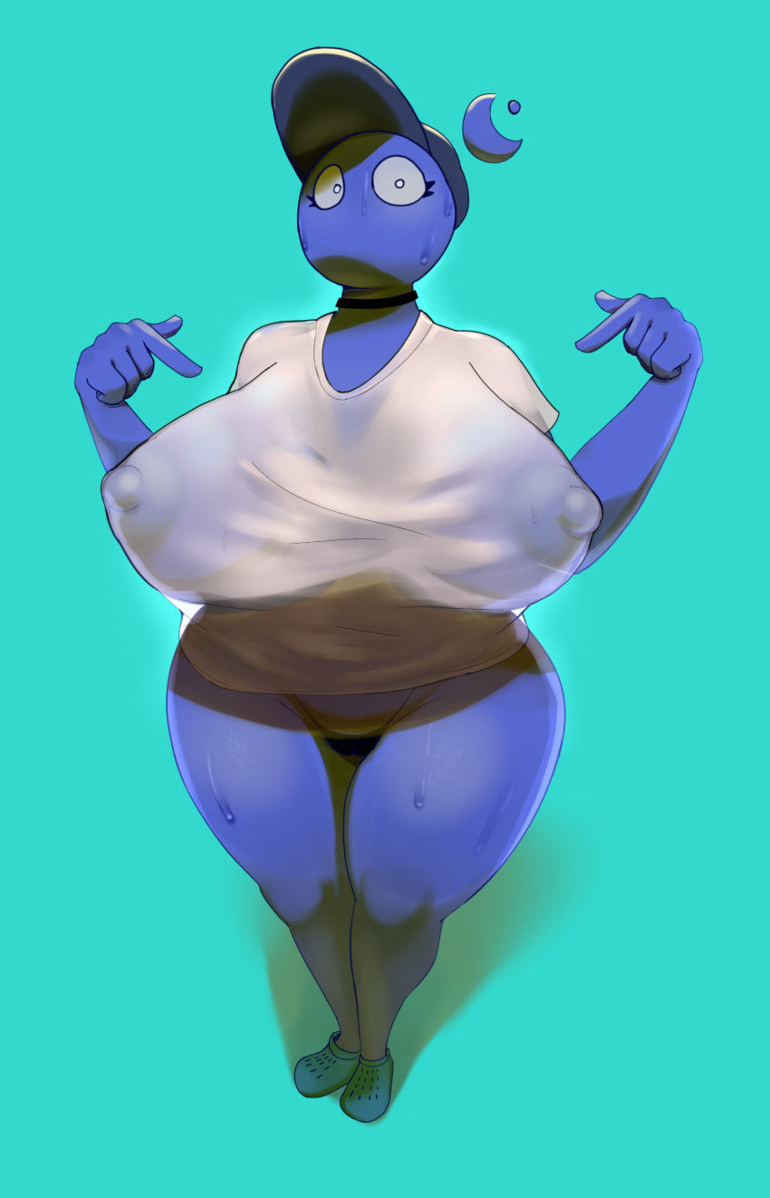 1girls big_breasts black_panties blue_skin breasts chocker crocs no_mouth oc pointing_at_self rexonance sweat sweating sweaty_breasts sweaty_shirt thick_thighs thighs white_shirt