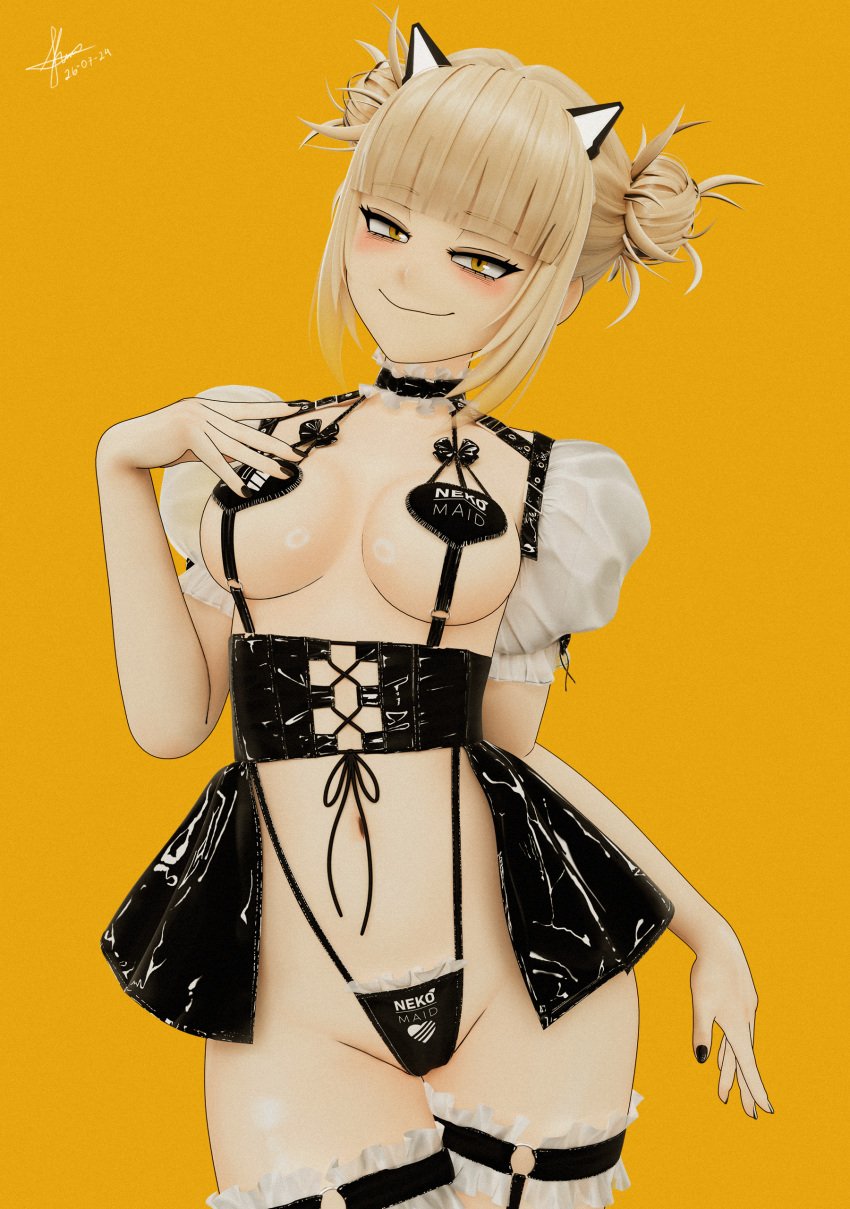 1girls 3d big_breasts black_nail_polish black_nails blonde_hair blush breasts cat_ears cleavage double_bun fake_animal_ears female female_only hair hair_bun himiko_toga hips kleymir latex latex_corset maid_uniform my_hero_academia nail_polish nails neckwear revealing_clothes skimpy skimpy_clothes sling_bikini smile solo solo_female thigh_strap yellow_eyes