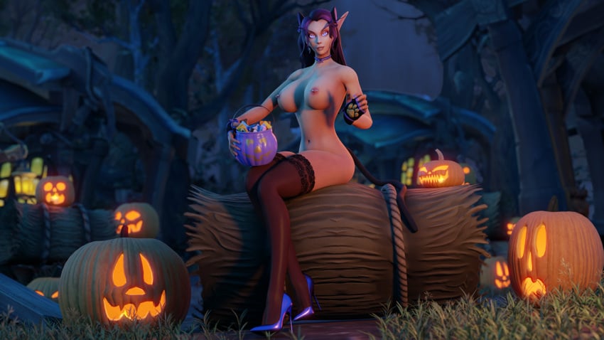 3d barbell_piercing big_breasts blizzard_entertainment halloween high_heels ladyzomkie light-skinned_female light_skin nipple_piercing nude purple_hair qgirls shala'zar_(oc) solo stockings thick_thighs void_elf voluptuous voluptuous_female warcraft world_of_warcraft