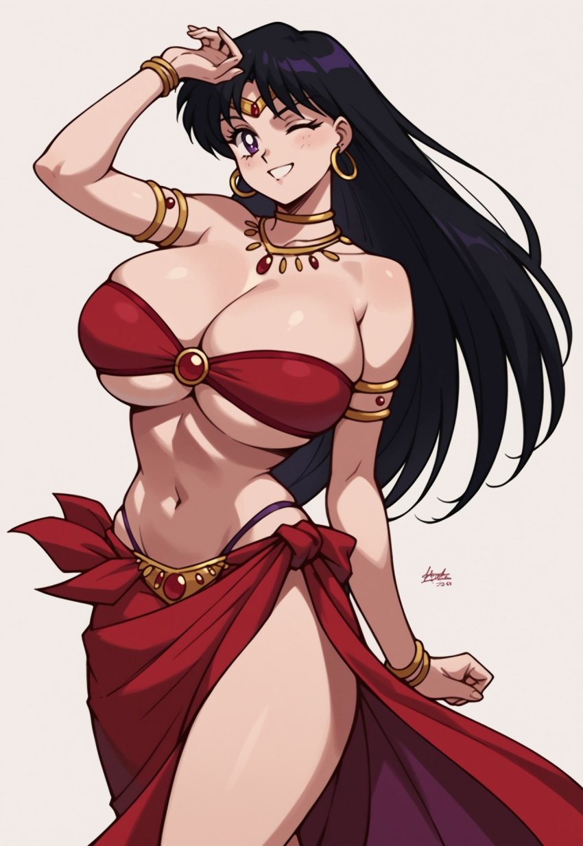 ai_generated alternate_age alternate_breast_size belly_dancer belly_dancer_outfit bikini bishoujo_senshi_sailor_moon black_hair clothing dancing harem_girl harem_outfit hoop_earrings huge_breasts large_breasts loincloth long_hair navel pony_diffusion_xl purple_eyes rei_hino sailor_mars underboob