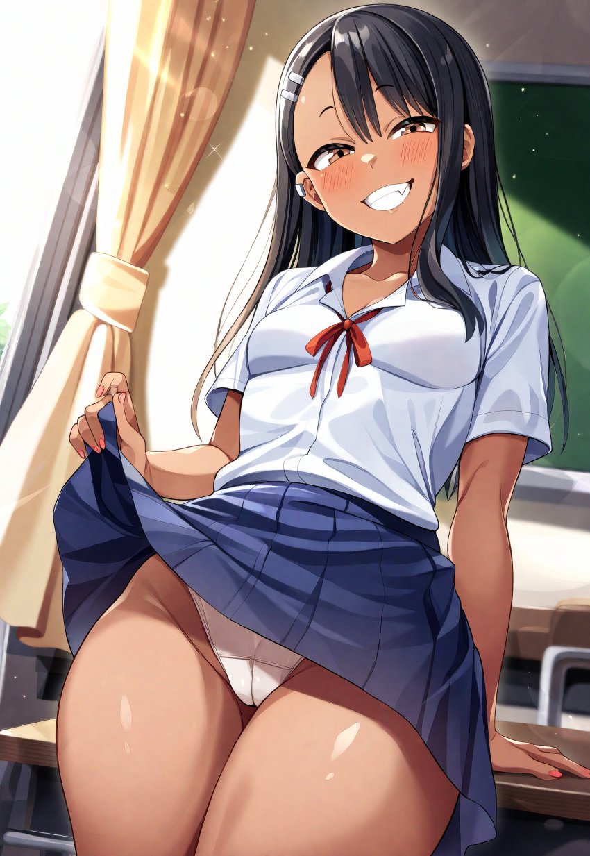 1girls ai_generated black_hair blush blush_lines breasts breasts brown_eyes cameltoe classroom clothed clothed_female clothing eyebrows eyelashes female female_only front_view grin hairclip hayase_nagatoro indoors legs legs_together looking_at_viewer novelai panties please_don&#039;t_bully_me,_nagatoro red_ribbon ribbon school school_uniform schoolgirl skirt skirt_lift small_breasts solo solo_female tan_body tan_skin teenage_girl teenager thighs underwear white_panties white_underwear