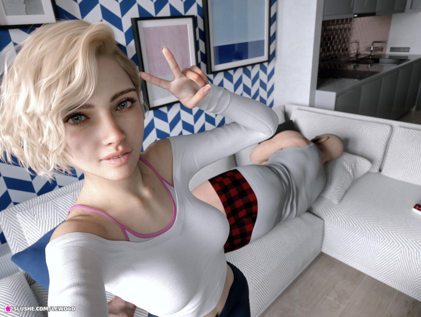 1boy 1girls 2024 3d age_difference blonde_hair blue_eyes blue_skirt female indoors large_breasts lewd4d looking_at_viewer older_male peace_sign selfie shirt short_hair skirt straight white_shirt younger_female