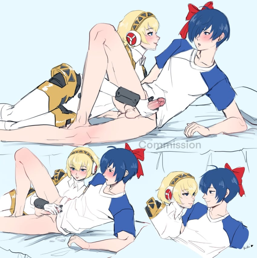 aigis_(persona) atlus balls big_balls big_penis blonde_hair blue_hair blushing bow clothes_swap cum cum_in_hands cute eye_contact femboy handjob happy_sex human human_male light-skinned_female light-skinned_male light_skin makoto_yuki male_focus moonllita_(artist) penis persona persona_3 robot robot_girl