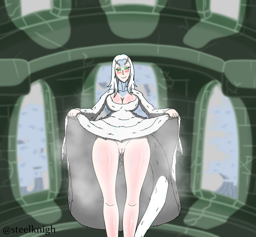 1girls blush blush crossbreed_priscilla dark_souls dragon_girl exhibitionism exposed_pussy fromsoftware green_eyes horn horns looking_at_viewer monster_girl scales steam steelknigh sweat sweatdrop tail watermark white_fur white_hair