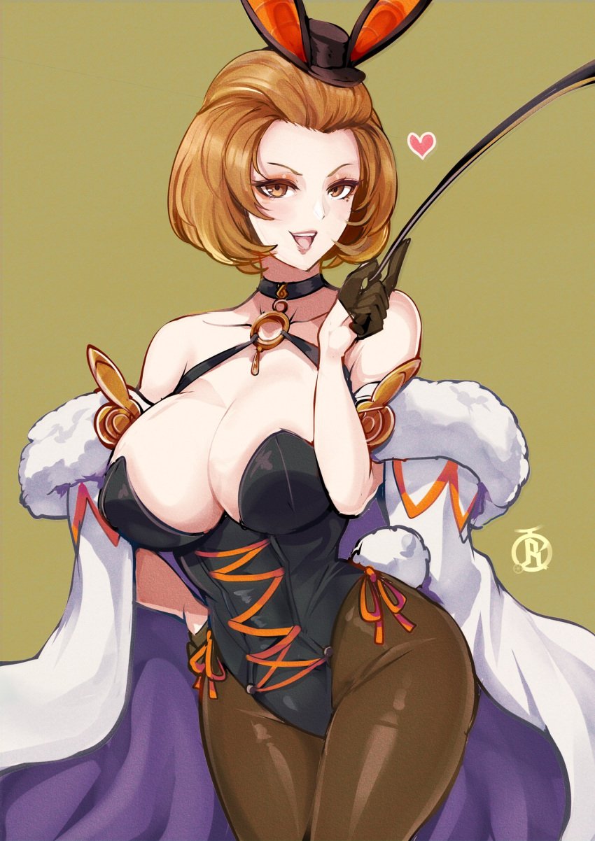 alternate_costume breasts brown_eyes brown_hair bunny_ears bunny_girl bunnysuit cleavage eyeshadow female female_only fire_emblem fire_emblem:_three_houses fully_clothed gloves hair_slicked_back half_gloves hat highres large_breasts leotard lipstick makeup manuela_casagranda mole mole_under_eye open_mouth orange_eyeshadow orange_lips pointer revealing_clothes revolverwingstudios short_hair smile