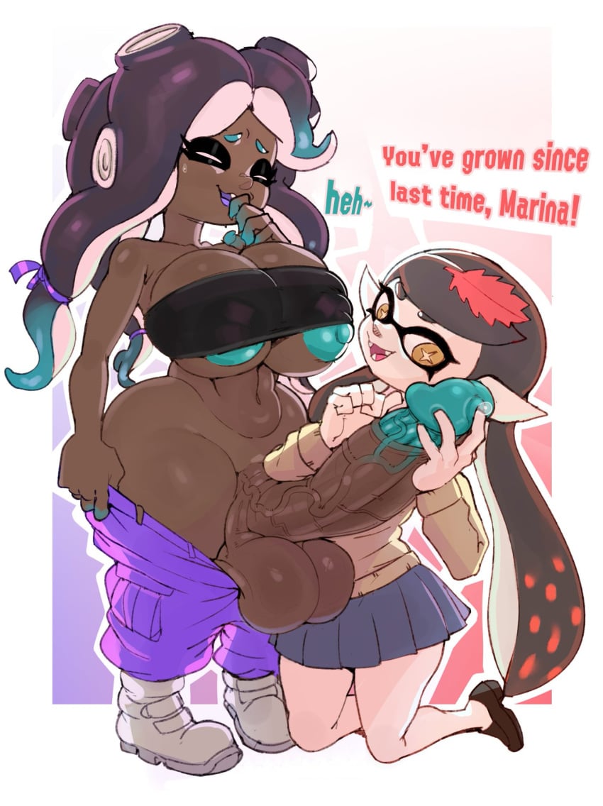 1futa 1girls balls balls_expansion big_breasts breasts callie_(splatoon) clothed clothing dark-skinned_futanari dark_skin dialogue dop doplino duo erection female futa_on_female futanari huge_breasts huge_cock humanoid humanoid_penis inkling kneeling light-skinned_female light_skin marina_(splatoon) mostly_nude nintendo nipple_slip nipples octoling penis penis_expansion splatoon splatoon_(series) splatoon_2 standing tentacle_hair text