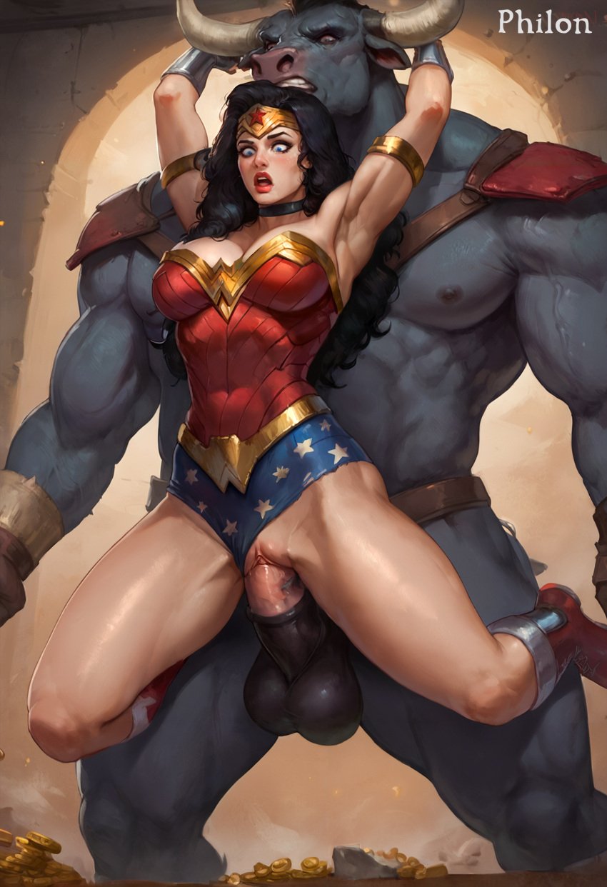 1boy 1female 1girls 1male ai_generated animal_genitalia animal_penis armlet armor armpits arms_up black_hair blue_eyes boots breasts broken_horn choker clothed_sex clothing_aside coin colored_skin dc_comics diana_prince erection furry furry_male furry_with_non-furry glowing_eyes grey_skin height_difference holding_head horns humiliation interspecies large_breasts large_penis large_testicles leotard leotard_aside lips lipstick long_hair makeup minotaur muscular muscular_male nipples open_mouth pauldrons penis philon pussy rape raped red_footwear red_lips sex sex_from_behind sex_slave shoulder_armor size_difference spread_legs stable_diffusion star_(symbol) star_print strapless_leotard teeth testicles thick_thighs thighs tiara vaginal_penetration veins veiny_penis wonder_woman