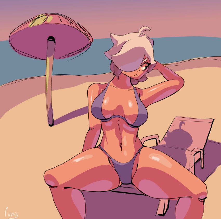 beach bikini bikini_bottom bikini_top brawl_stars colette_(brawl_stars) fung_enoki legs_spread sunset white_hair