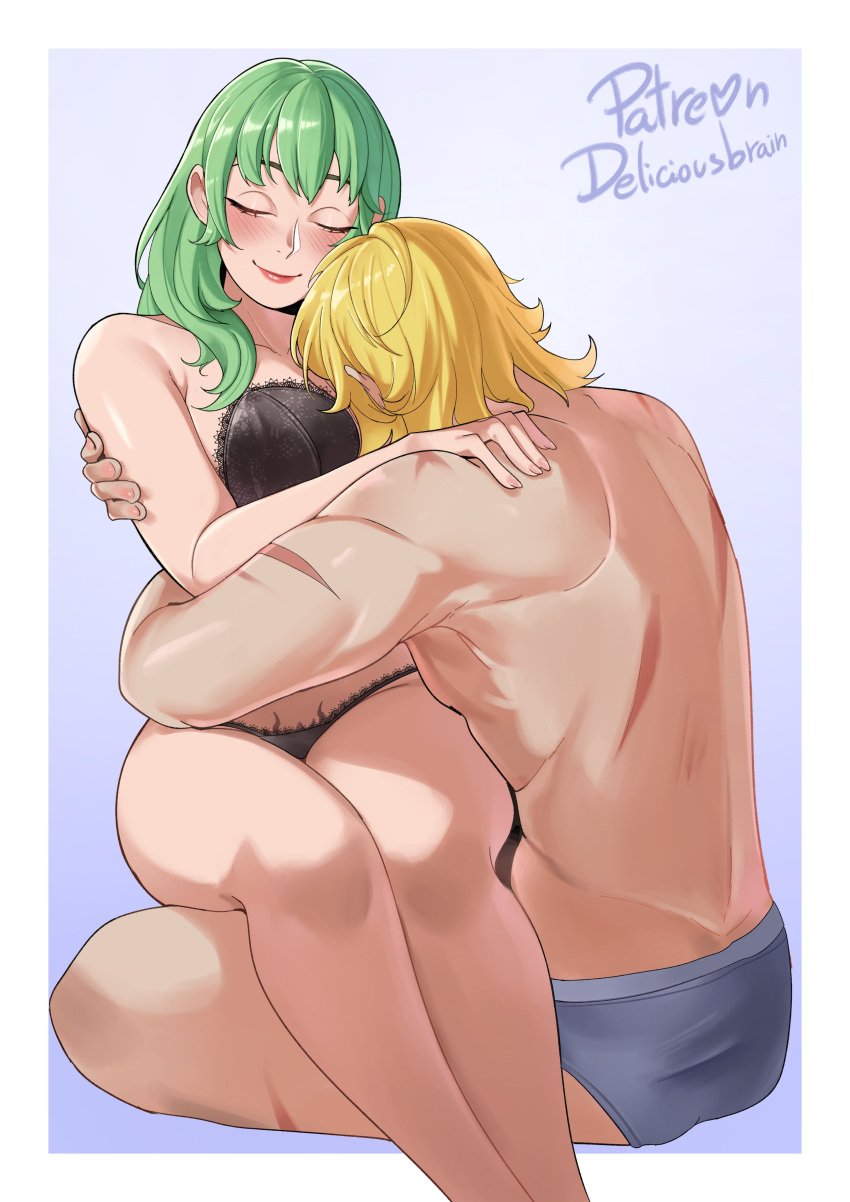 1boy 1girls blonde_hair byleth_(fire_emblem) byleth_(fire_emblem)_(female) closed_eyes cuddling deliciousbra deliciousbrain dimitri_alexandre_blaiddyd face_between_breasts fire_emblem fire_emblem:_three_houses green_hair large_breasts nintendo post-timeskip pubic_tattoo sitting_on_lap smile thick_thighs thighs underwear underwear_only wholesome