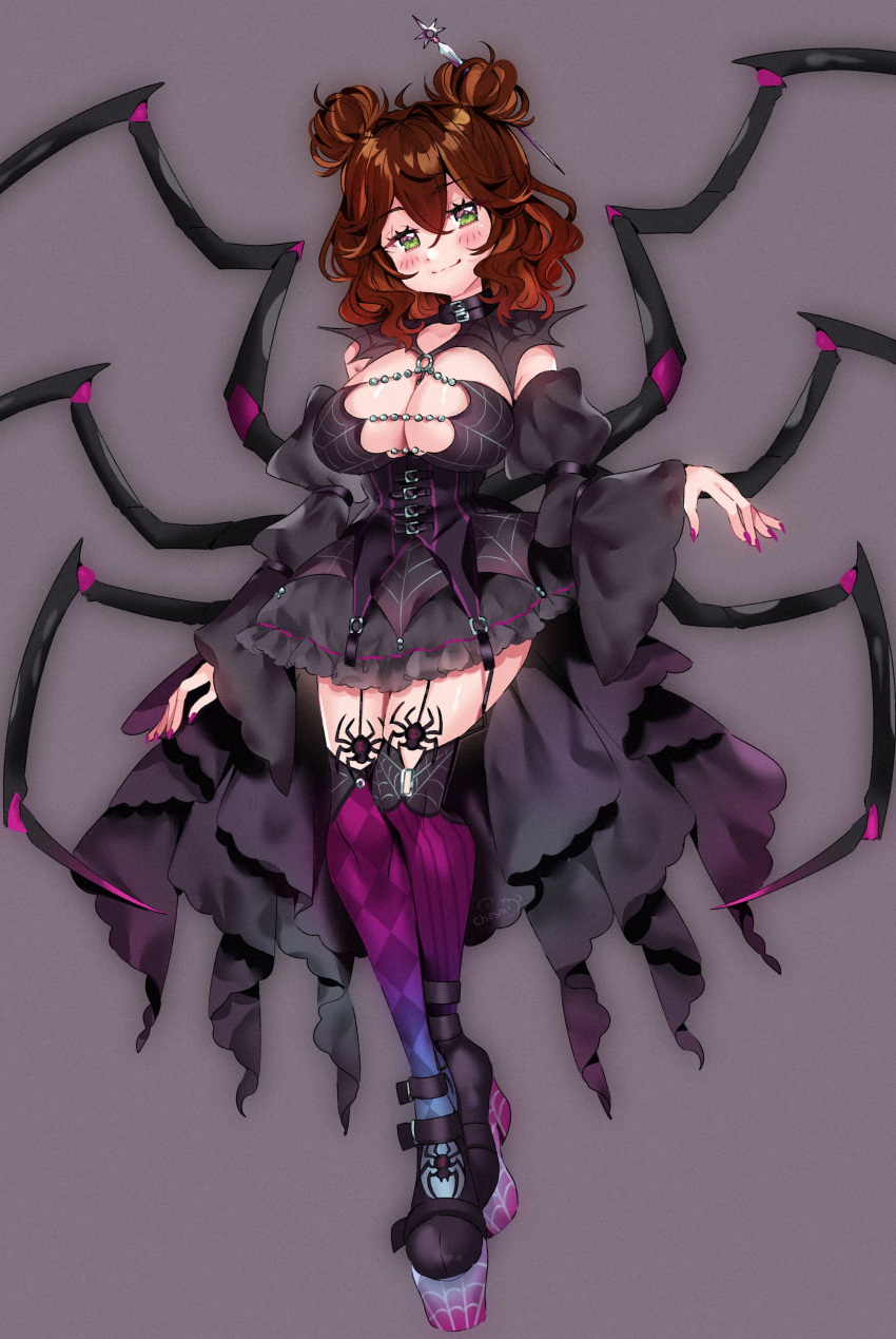 1girls blush breasts brown_hair cheshii_(cheshirette) cleavage clothed clothing countess_lita female female_only green_eyes huge_breasts indie_virtual_youtuber light-skinned_female light_skin monster_girl smile solo spider_girl spider_legs virtual_youtuber