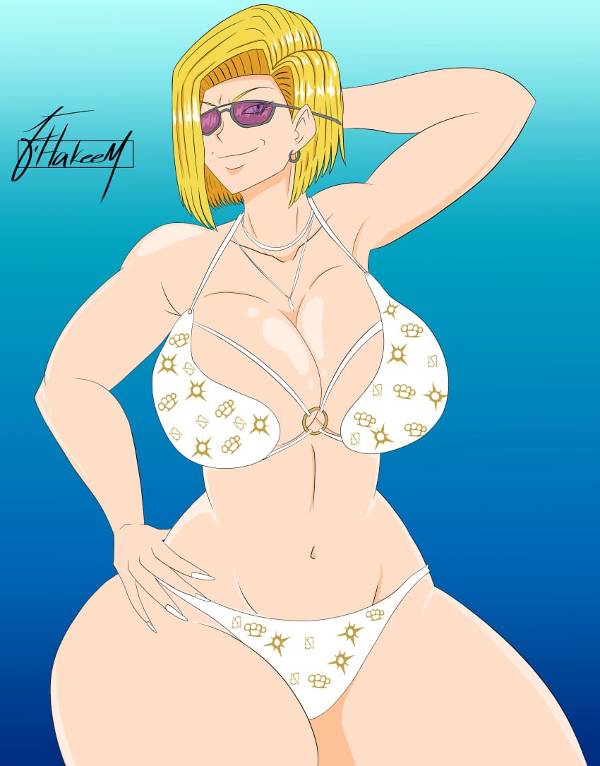 1girl android android_18 artist_name artist_signature belly_button big_boobs big_breasts bikini bikini_bottom bikini_top blonde blonde_female blonde_hair blonde_hair_female blue_background blue_eyes blue_eyes_female dragon_ball dragon_ball_super dragon_ball_z earring earrings female female_focus female_only grand_theft_auto grand_theft_auto_vi gta gta_6 gta_vi hakeem89 hand_behind_head hand_on_head hand_on_hip hand_on_waist hips huge_boobs huge_breasts pool_party_girl_(gta_vi) smile smiling sunglasses sunglasses_on_face swimsuit swimwear tinted_eyewear wide_hips