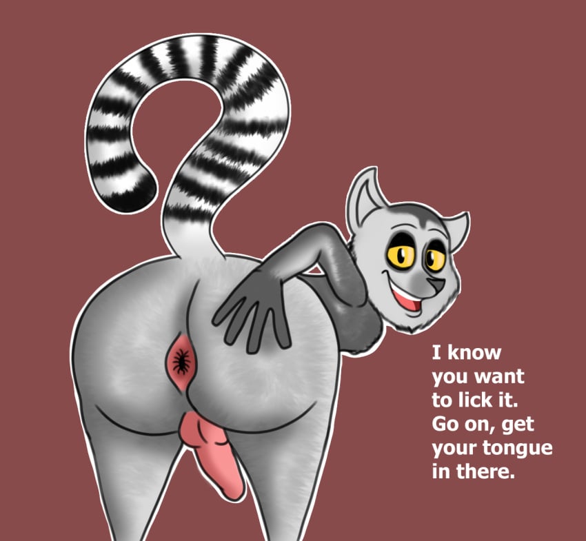 anatomically_inaccurate anthro anus ass bent_over charl33 dreamworks erection fur grey_body grey_fur hand_on_butt hi_res king_julien lemur looking_at_viewer madagascar_(series) male mammal markings primate ring-tailed_lemur simple_background solo strepsirrhine striped_markings striped_tail stripes tail tail_markings talking_to_viewer