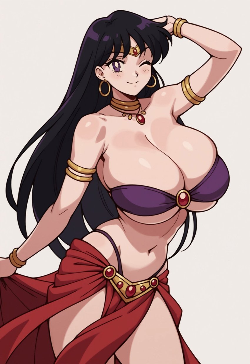 ai_generated alternate_age alternate_breast_size belly_dancer belly_dancer_outfit bikini bishoujo_senshi_sailor_moon black_hair clothing dancing harem_girl harem_outfit hoop_earrings huge_breasts large_breasts loincloth long_hair navel pony_diffusion_xl purple_eyes rei_hino sailor_mars underboob