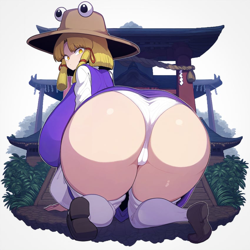 1girls 2d ai_generated alternate_breast_size ass ass_focus bbw big_ass big_breasts blonde_hair breasts breasts_bigger_than_head cameltoe clothed clothed_female dat_ass dress eyes_on_hat fat_ass female goddess hat heavenly_ass high_socks hips huge_ass hyper_breasts large_ass long_sleeves looking_at_viewer looking_back looking_back_at_viewer panties shiny_skin shoes short_hair shrine sideboob smakiel socks solo source suwako_moriya thick_thighs thighs touhou wide_hips yellow_eyes