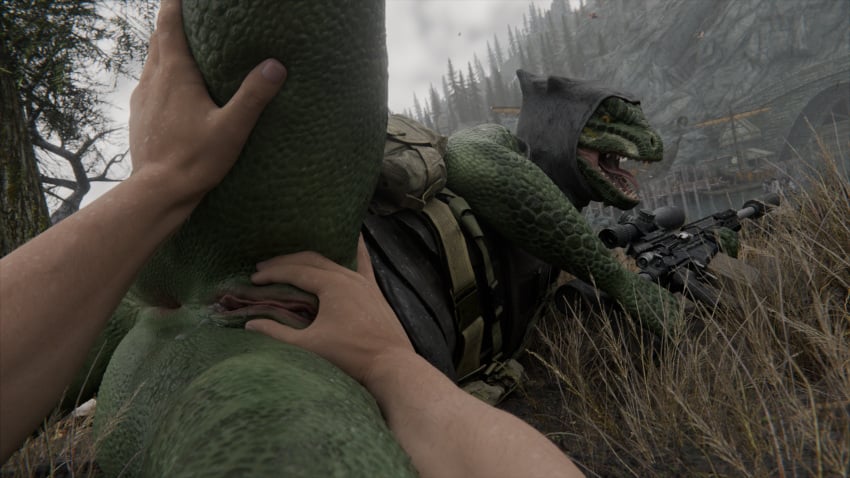 3d_(artwork) after_sex after_vaginal anthro anus argonian armor ass bethesda_game_studios blender_(artwork) blender_cycles bodily_fluids bottomless bottomless_female clothed clothing cum cum_in_pussy cum_inside cum_on_pussy deeja detailed_background digital_media_(artwork) female first_person_view genital_fluids genitals grabbing_pussy green_body green_scales gun hand_on_leg hand_on_pussy hi_res kvaseus lizard looking_at_viewer microsoft open_mouth outside partially_clothed pussy raised_leg ranged_weapon reptile rifle saliva scales scalie screaming skyrim sniper_rifle solo squeezing_pussy teeth the_elder_scrolls tongue vaginal_fluids weapon wet